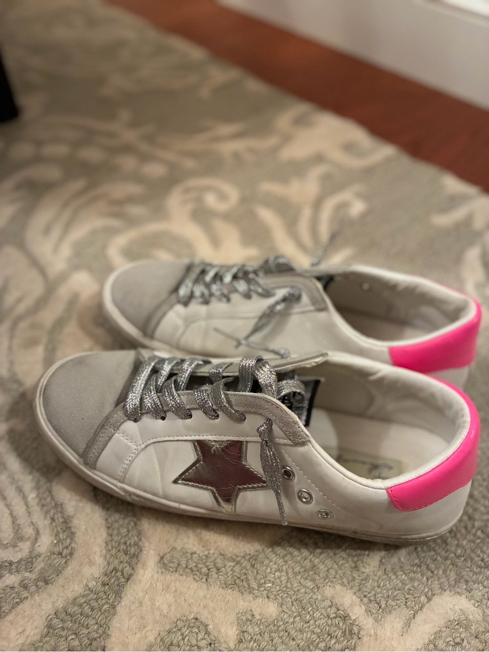 White Leather Star Accent Sneakers with Pink Heel